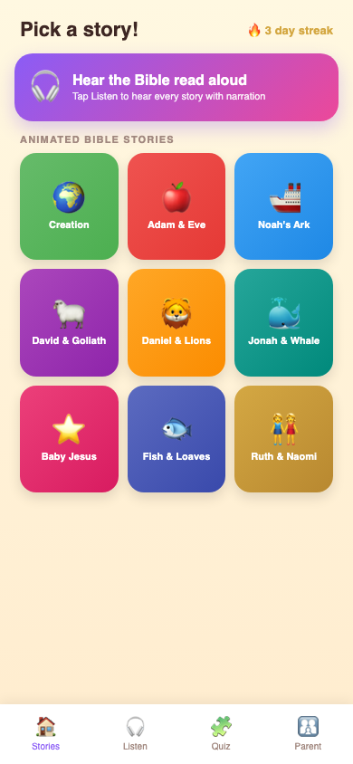 Rhema Kids Mode — Animated Bible Stories grid with Creation, Noah's Ark, David & Goliath and more